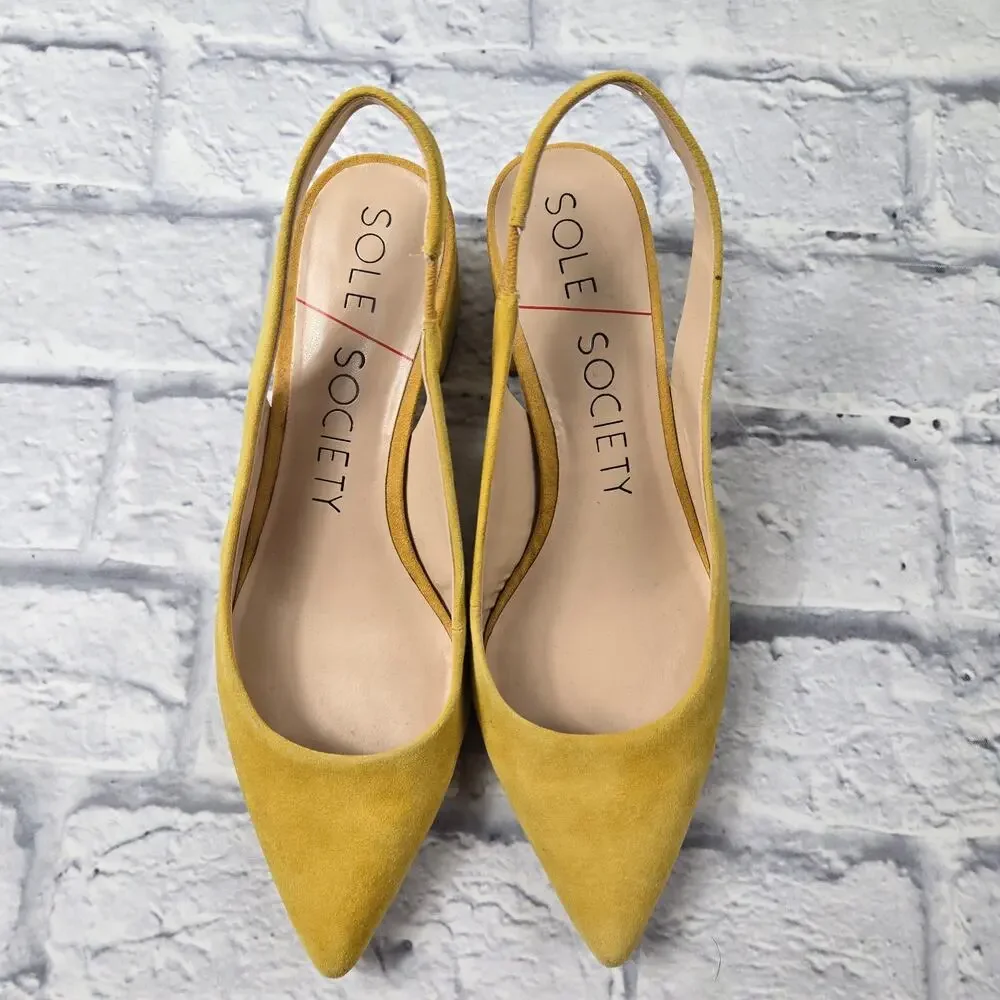 Sole Society Slingback Keilinah Pumps Mustard Suede Covered Heel size 8.5M - Picture 6 of 14